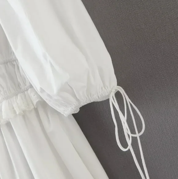 White Puff Sleeve Square Neck Dress with Lace and Ruffle Detail - Picture 14 of 16